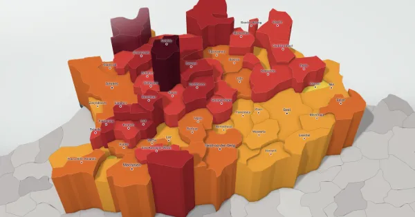 3D price map of the province of Antwerp: each municipality has a height and a colour set by the median price of its houses.