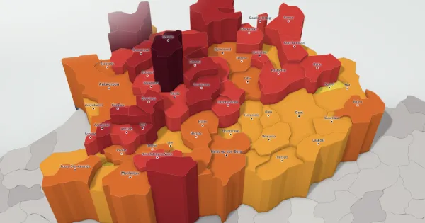 3D-prijzenkaart van de provincie Antwerpen: elke gemeente heeft een hoogte en een kleur volgens de mediaanprijs van haar huizen.
