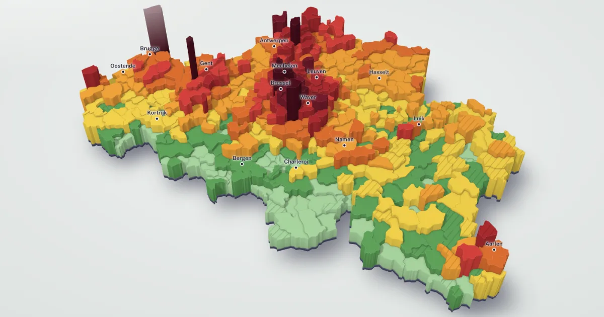 3D-kaart van België: elke gemeente heeft een hoogte en een kleur volgens de mediaanprijs van haar huizen, met de hoogste rond Brussel en aan de kust.