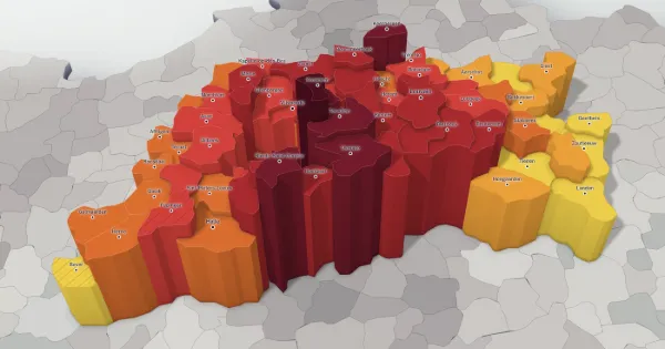 3D price map of the province of Flemish Brabant: each municipality has a height and a colour set by the median price of its houses.