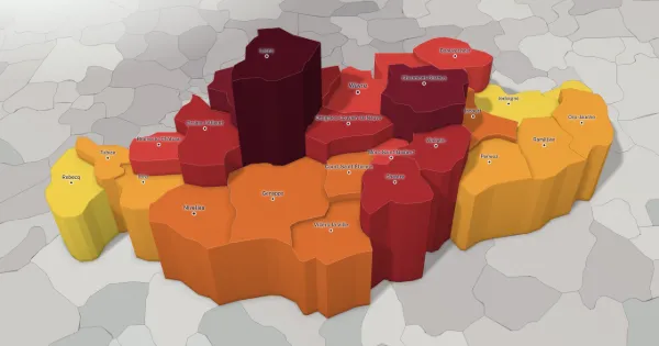 3D price map of the province of Walloon Brabant: each municipality has a height and a colour set by the median price of its houses.