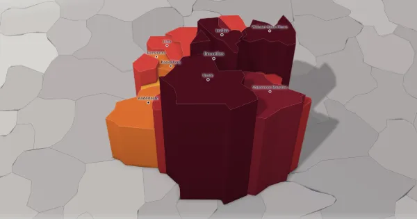 3D price map of the Brussels-Capital Region: each municipality has a height and a colour set by the median price of its houses.