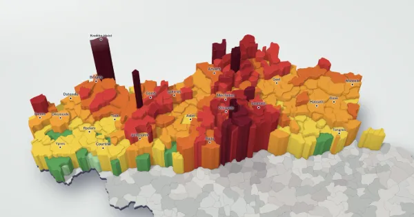3D price map of Flanders: each municipality has a height and a colour set by the median price of its houses.