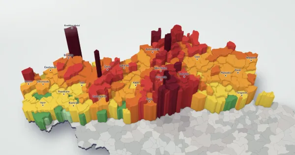 3D-prijzenkaart van Vlaanderen: elke gemeente heeft een hoogte en een kleur volgens de mediaanprijs van haar huizen.