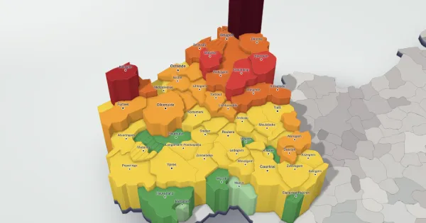 3D price map of the province of West Flanders: each municipality has a height and a colour set by the median price of its houses.