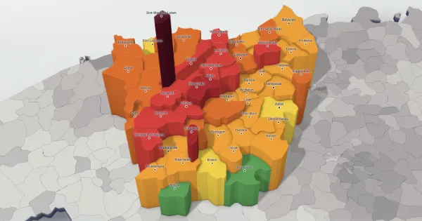 3D price map of the province of East Flanders: each municipality has a height and a colour set by the median price of its houses.