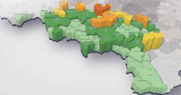 3D price map of the province of Hainaut: each municipality has a height and a colour set by the median price of its houses.