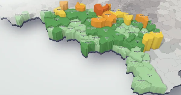 3D price map of the province of Hainaut: each municipality has a height and a colour set by the median price of its houses.