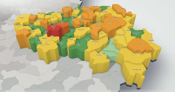 3D price map of the province of Liège: each municipality has a height and a colour set by the median price of its houses.