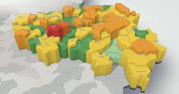 3D price map of the province of Liège: each municipality has a height and a colour set by the median price of its houses.