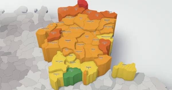 3D price map of the province of Limburg: each municipality has a height and a colour set by the median price of its houses.