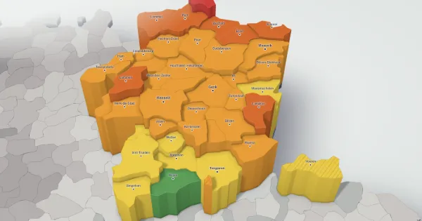 3D-prijzenkaart van de provincie Limburg: elke gemeente heeft een hoogte en een kleur volgens de mediaanprijs van haar huizen.