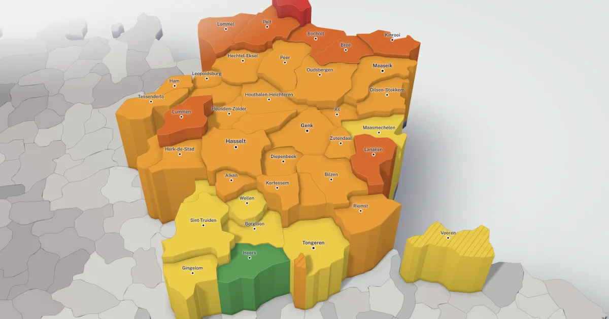 3D-prijzenkaart van de provincie Limburg: elke gemeente heeft een hoogte en een kleur volgens de mediaanprijs van haar huizen.