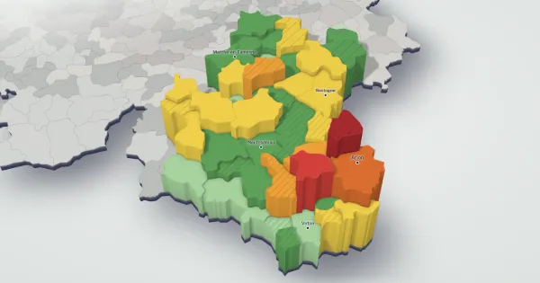 3D price map of the province of Luxembourg: each municipality has a height and a colour set by the median price of its houses.