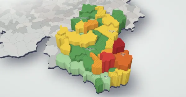 3D price map of the province of Luxembourg: each municipality has a height and a colour set by the median price of its houses.
