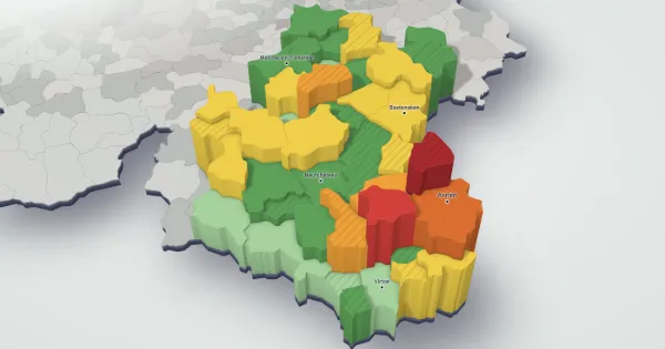 3D-prijzenkaart van de provincie Luxemburg: elke gemeente heeft een hoogte en een kleur volgens de mediaanprijs van haar huizen.
