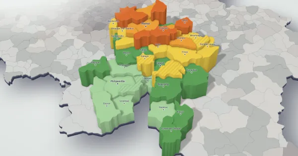 3D price map of the province of Namur: each municipality has a height and a colour set by the median price of its houses.