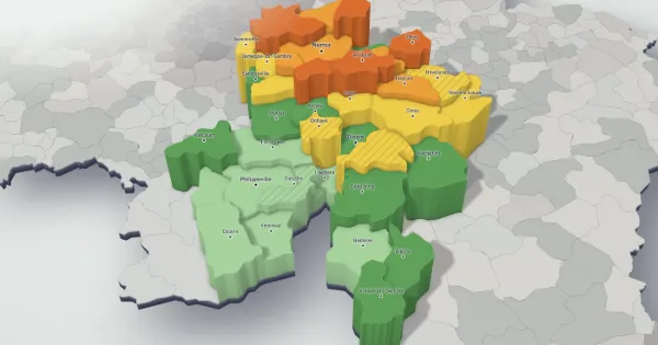 3D price map of the province of Namur: each municipality has a height and a colour set by the median price of its houses.