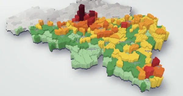 3D price map of Wallonia: each municipality has a height and a colour set by the median price of its houses.